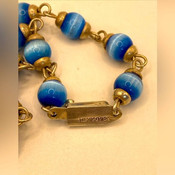 Necklace .925 Sterling Silver Mexico Blue Cat Eye Beads 24”/47.6 grams - Picture 6 of 8